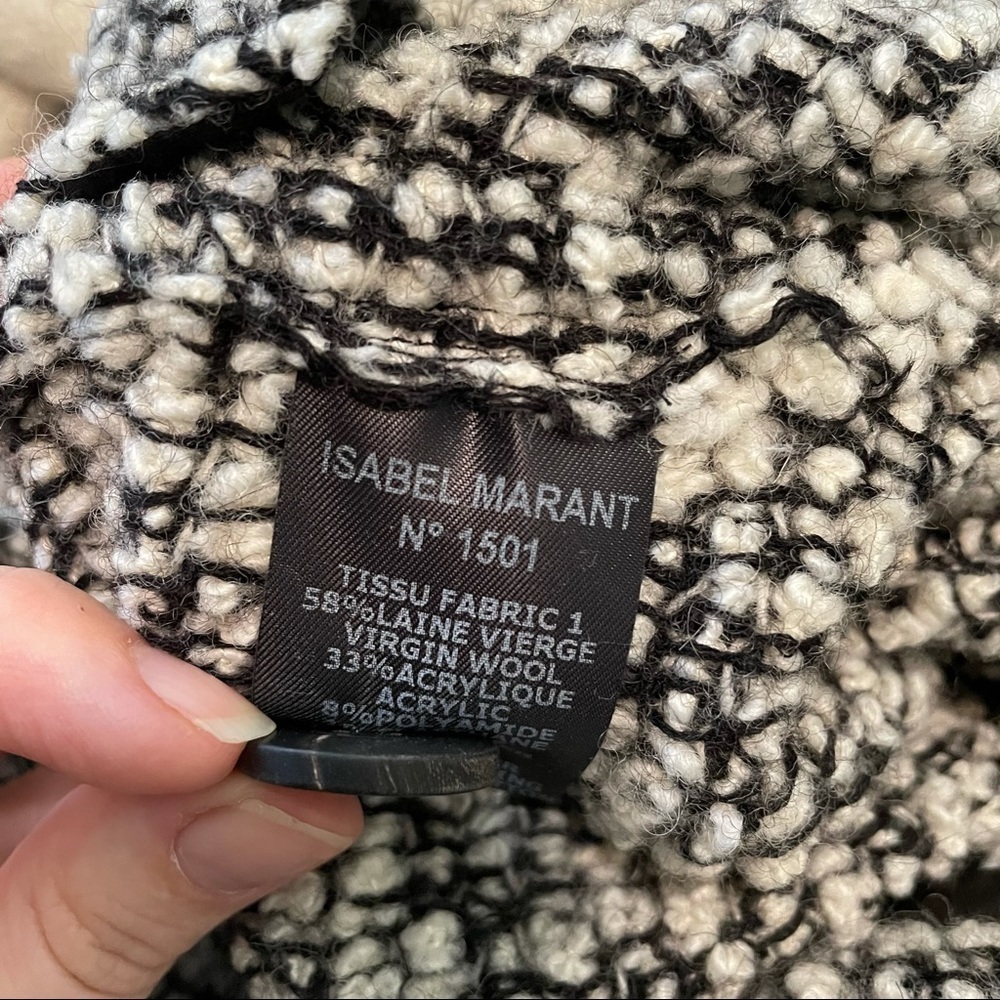 𝅺ISABEL Marant Black & White Tweed with Leather Trim Wool Blend Button Jacket 0 - Picture 7 of 7